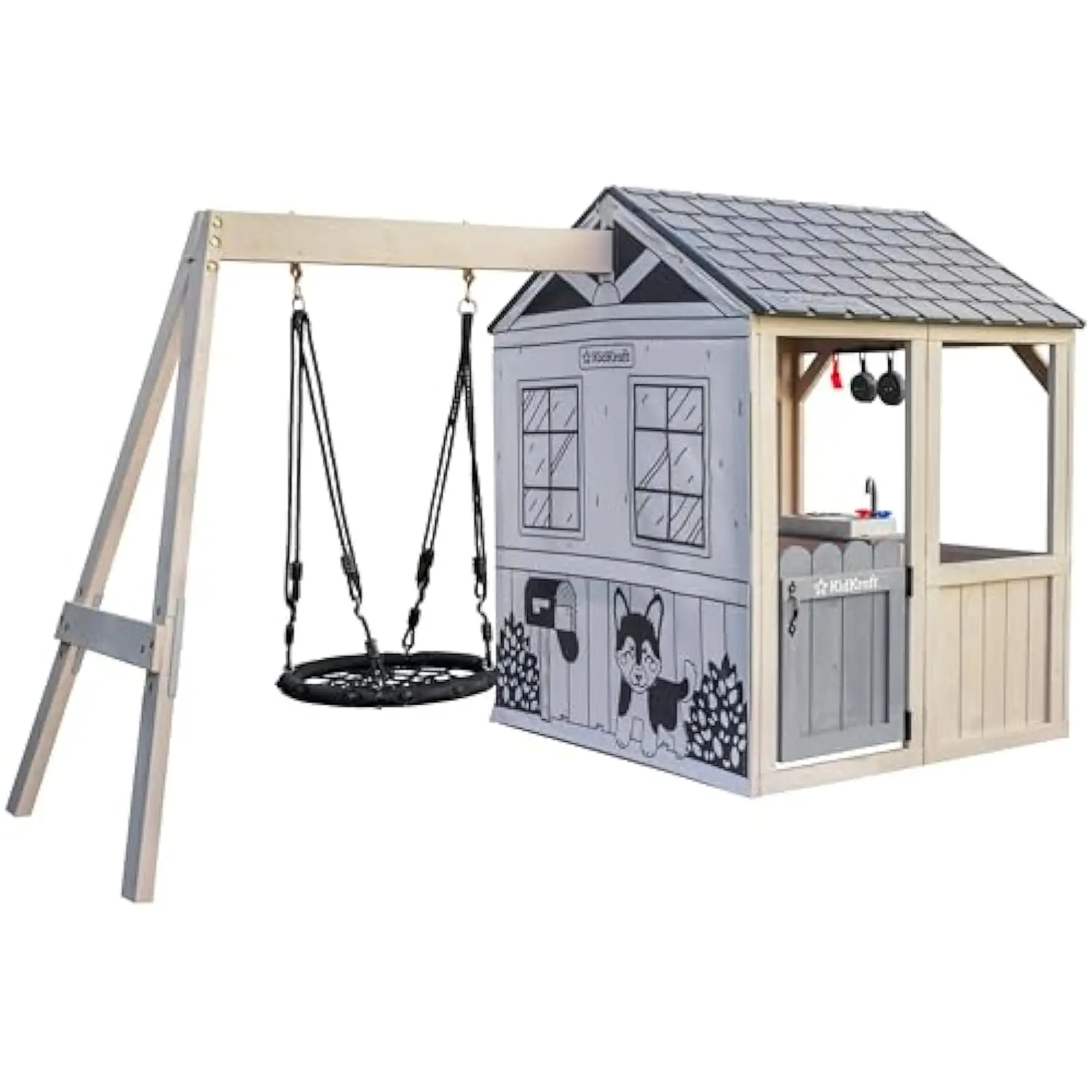 Swing Wooden Outdoor Playhouse with Web Swing and Play Kitchen