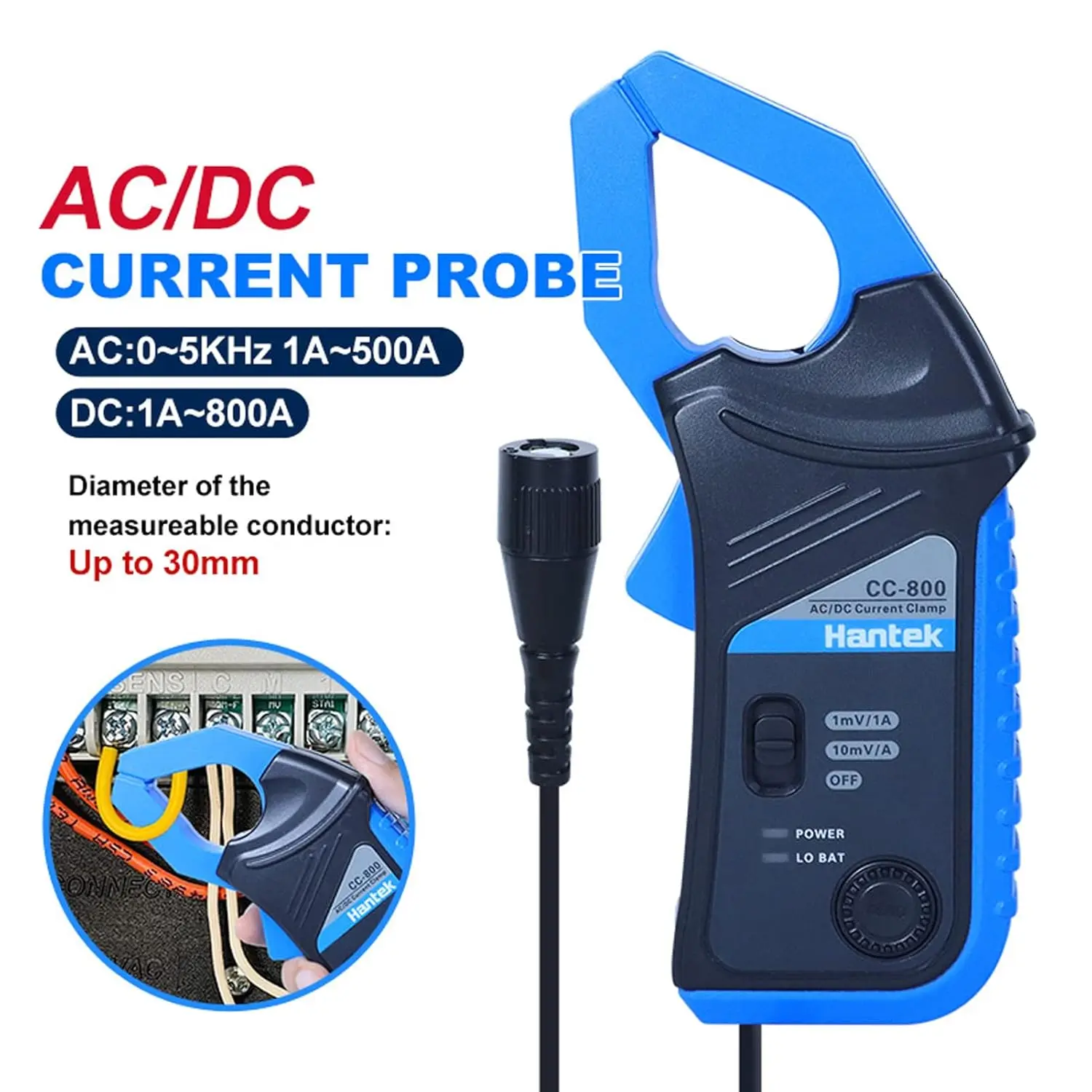 Hantek CC-800 AC/DC Current Clamp 5KH Oscilloscope Multimeter Bandwidth 1mV/10mV/A 500A/800A with BNC Connector