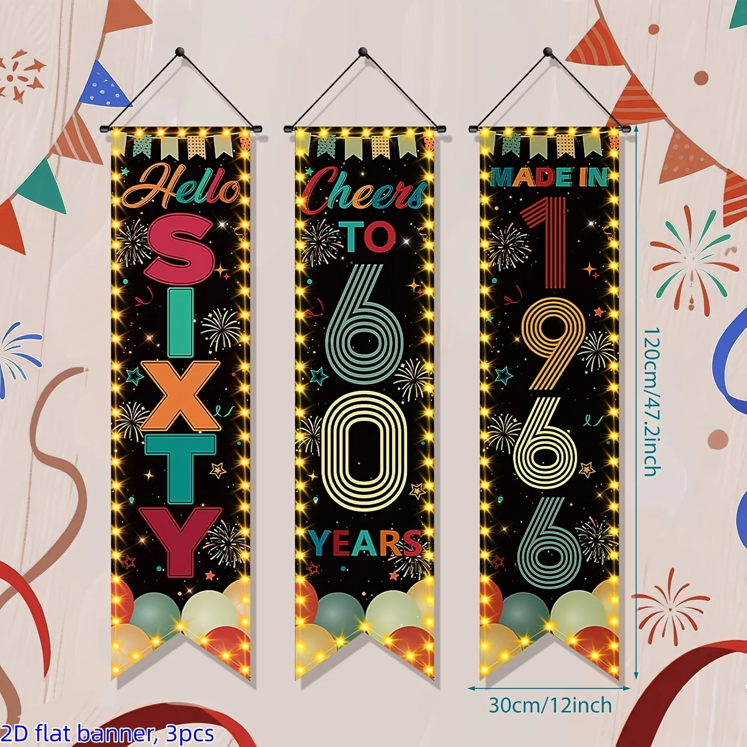 2D Flat 3Pcs Vintage 40th-80th Birthday Banner, 1956-1976 Born, 