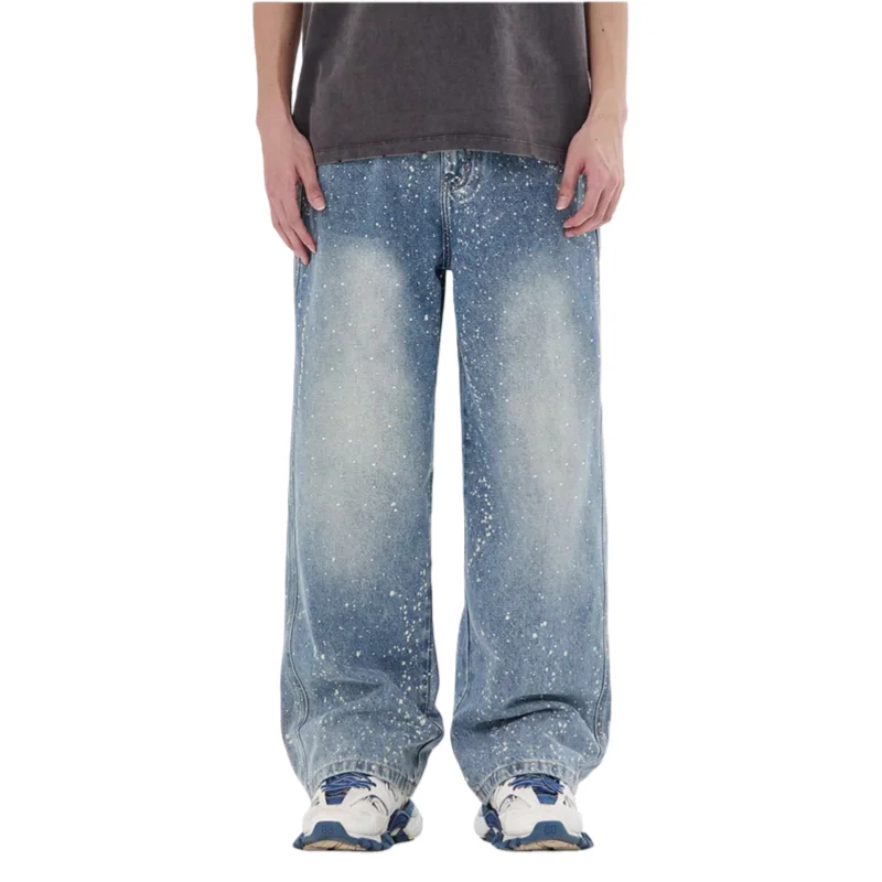

2025 г., американские ретро-стили Y2K, горячая фиксация, синие мешковатые джинсы со стразами, брюки для мужчин, одежда, прямые роскошные джинсовые брюки