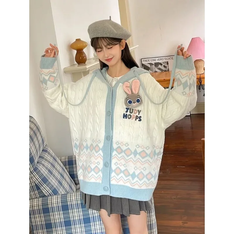 Disney Cartoon Zootopia Hoodie Winter Anime Judy Hopps Nick Wilde Doll Jacket Cute Girl Knitting Sweater Loose Cardigan Coat Top