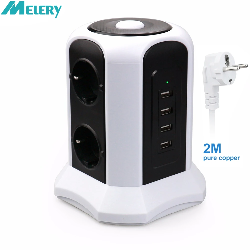 Melery Tower Power Strip Vertical Surge Protection EU Outlets Plug Socket with USB Switch Overload Protector 2m Extension Cord