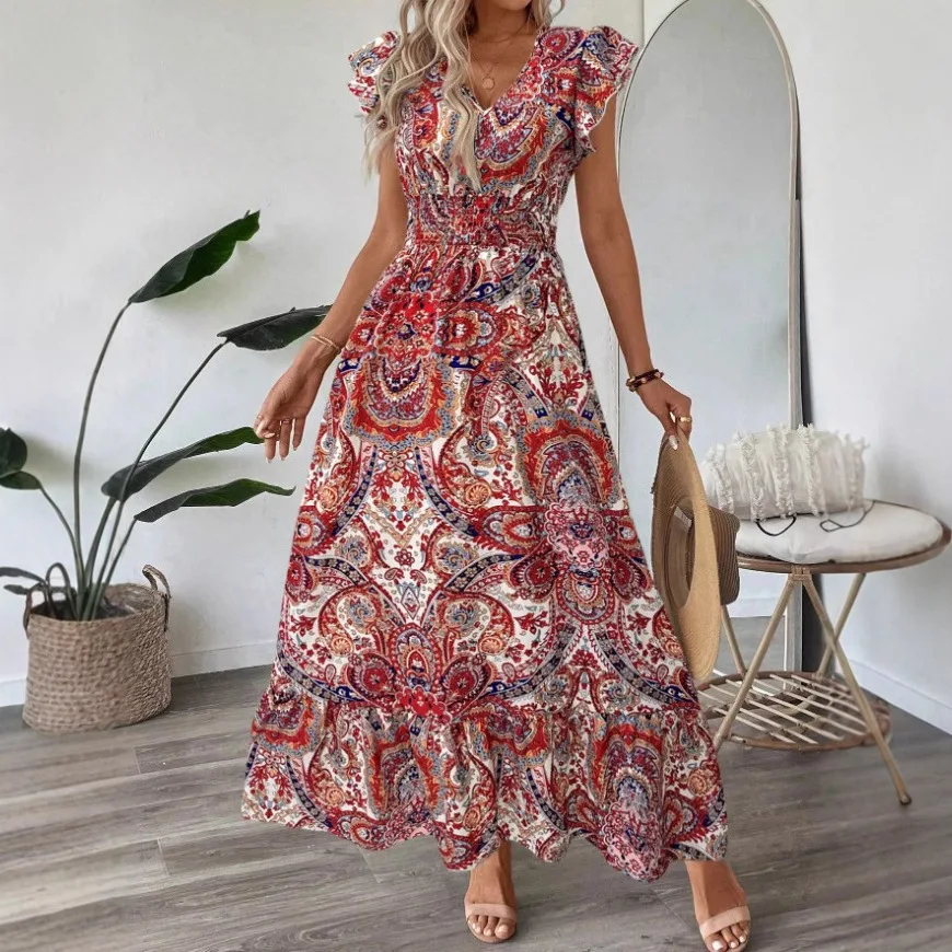 Women's Floral Print Summer Dress 2025 New Boho A-Line Swing Dress With Sleeveless High Waist Flowy Maxi Dress For Beach Vestido