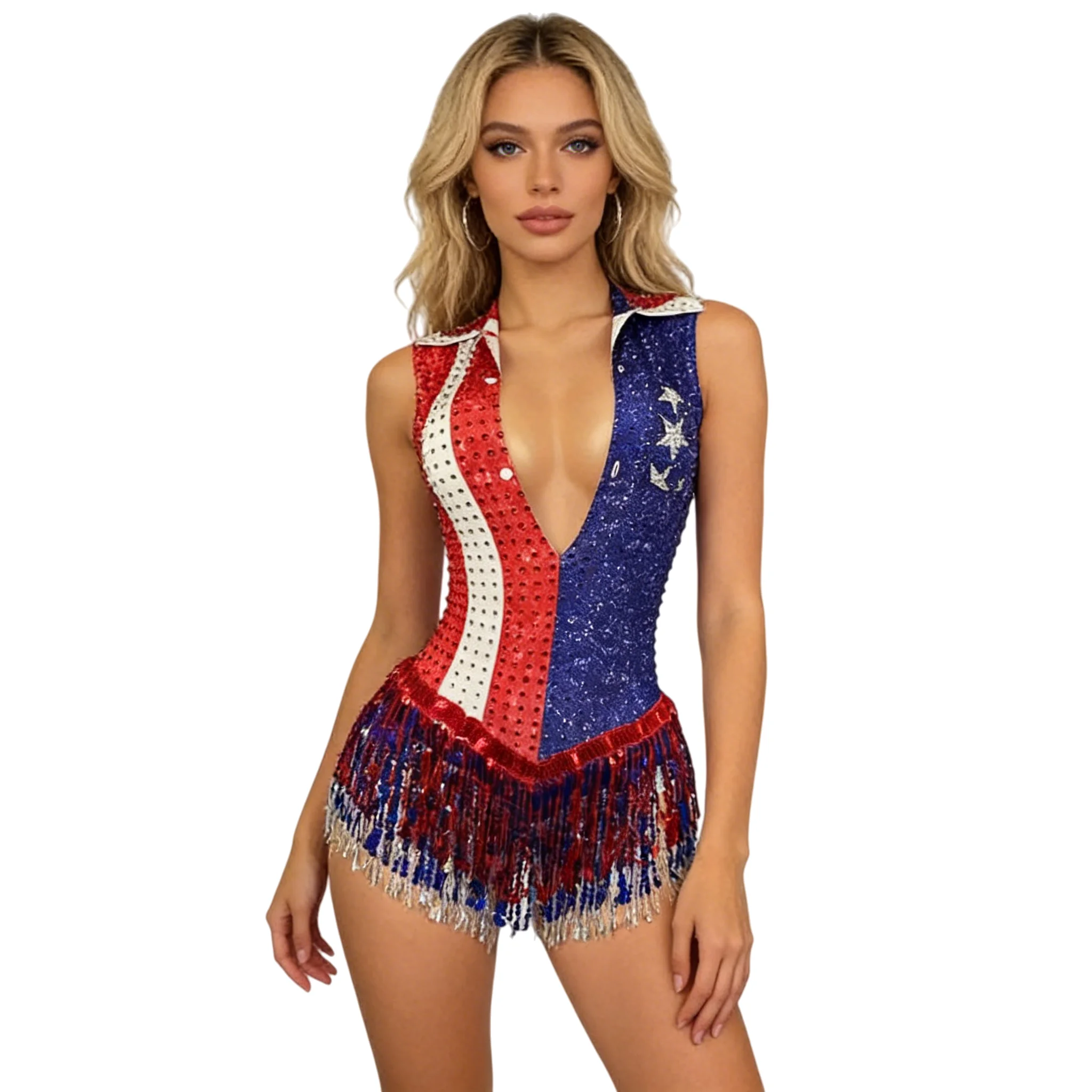 

Sexy Deep-V Neck Rhinestones Fringe Bodysuit for Women Nightclub Concert Performance Dance Costume Singer Dancer Show Stage Wear