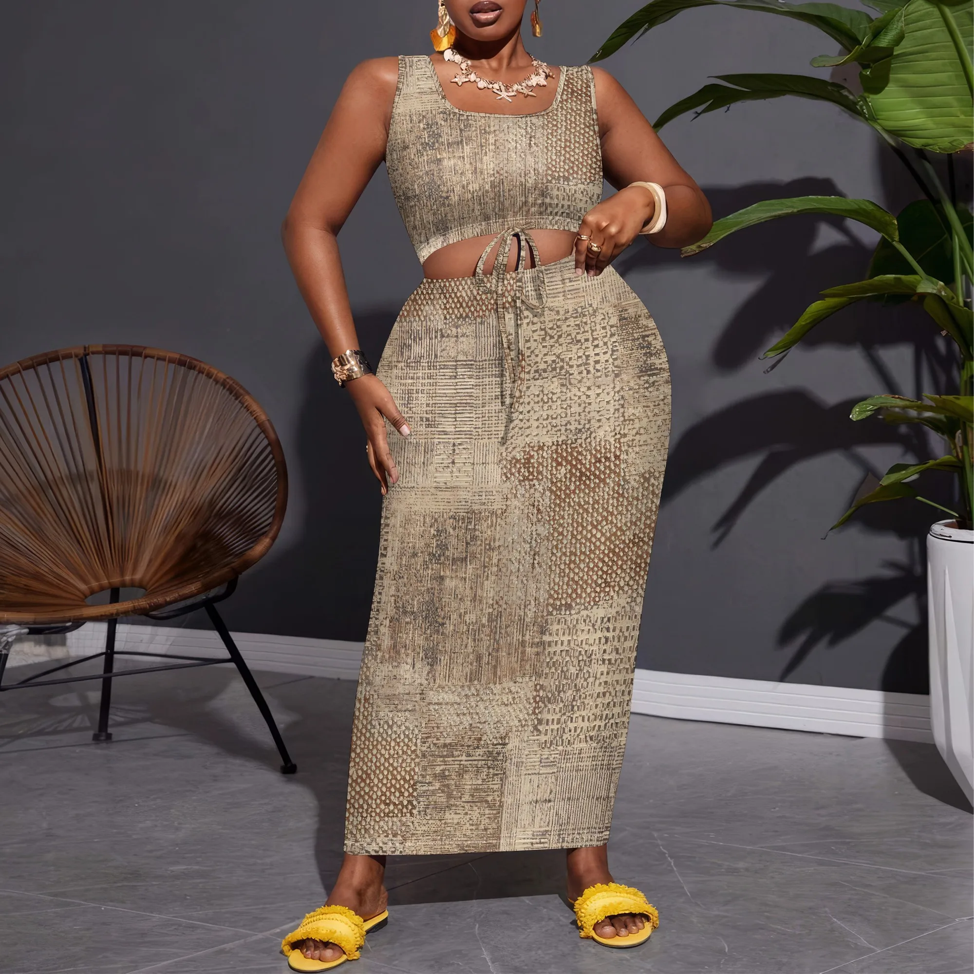 

SheFirstStyle Vintage Texture Pattern Sleeveless Crop Top and Skirt Matching Set