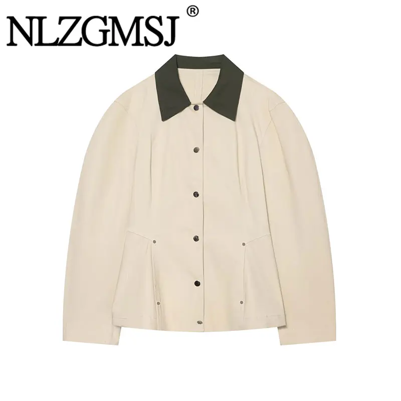 Nlzgmsj 2026 Women Color Block Collar Jacket Single Breasted Casual Outerwear Vintage Style Long Sleeve Coat