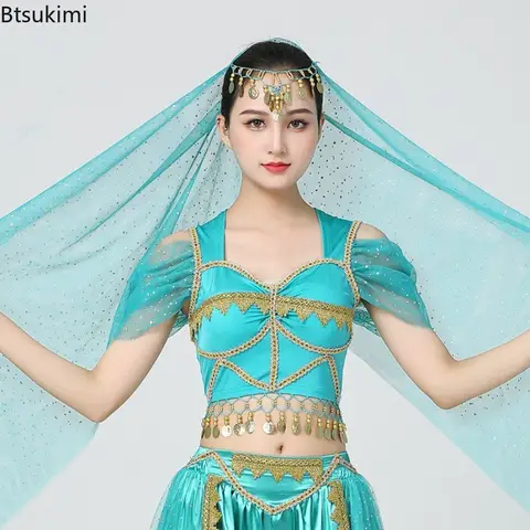 Women Indian Dance Tops Belly Dance Performance Costume Jasmine Princess Wear Oriental Dance Practice Suit Hanging Coins Tops