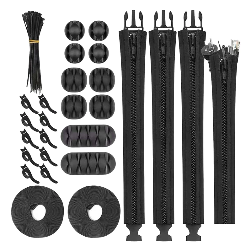 RISE-Cable Management Kit 126Pcs,Cord Management Organizer Cable Sleeves Self Adhesive Desk Cord Holder Wire Cable Tie