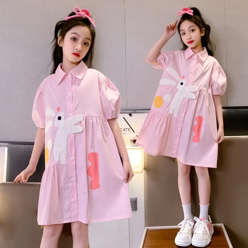 teenage girls shirt Dress Korean children kids clothes chiffon A-line dress buttons up rabbit vestidos dresses 6 to 16 years