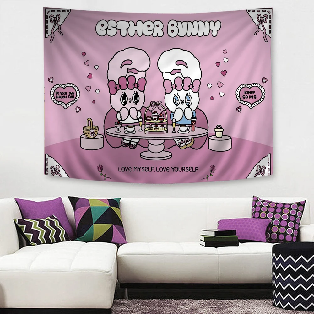 E-Esther-B-Bunny Bunter Wandteppich, Wandbehang, Hippie-Blumen-Wandteppiche, Wohnheim-Dekoration, japanischer Wandteppich