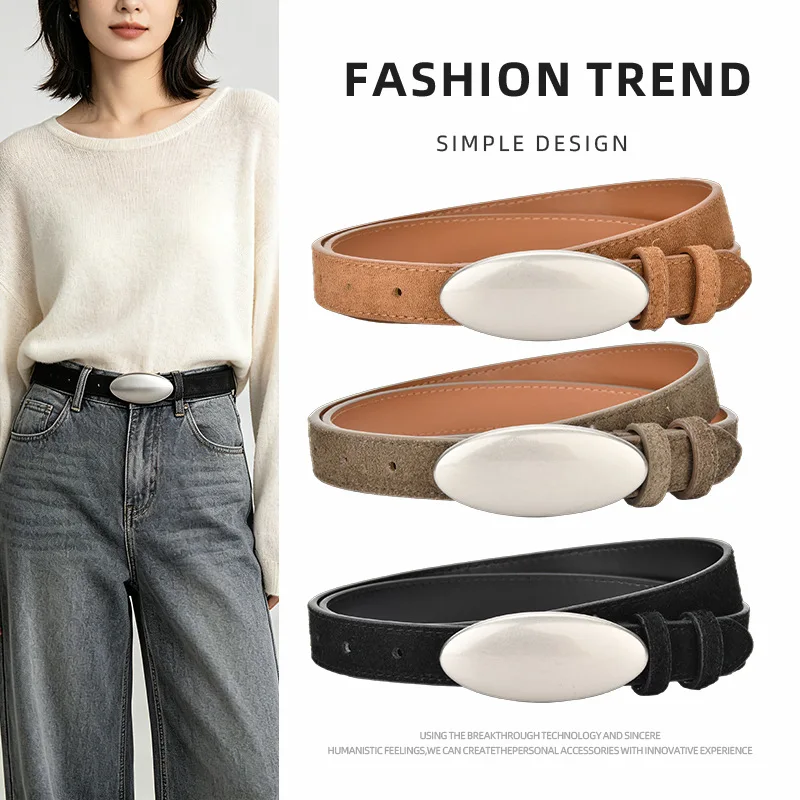 2.3cm Silver Oval Matte Flat Buckle Women's Thin Waist Belts Woman Frosted Jeans Knitted Jacket Suede Fashion Design Belt
