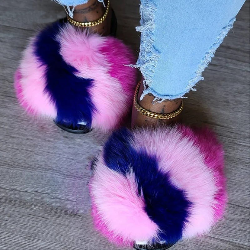 Hot Sale Trend Wholesale Ladies Custom Fur Furry Fluffy Sandals Plush Real Fur Women Fox Slippers Slides Shoes Flip Flops Vendor