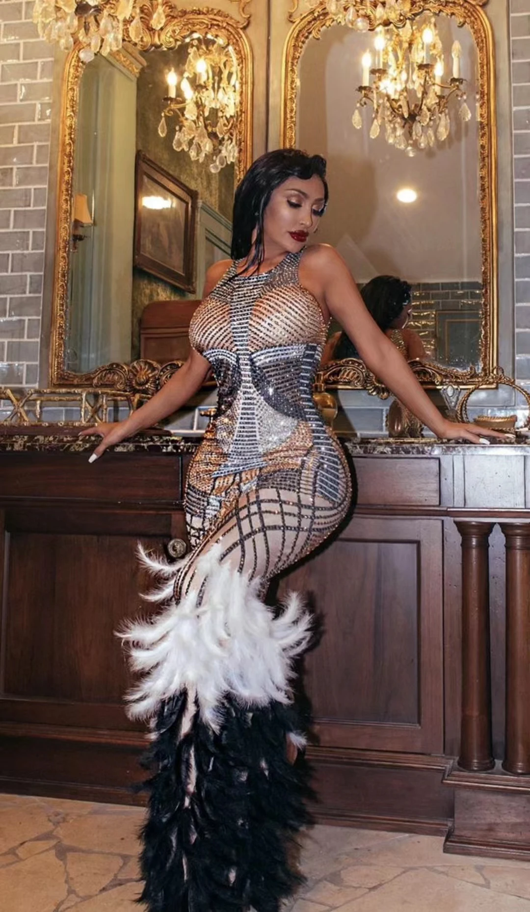 Keli Luxury Dual Color Black White Feather Rhinestone Nude Mesh Mermaid Gown Sleeveless High Collar Singer Performance Outfit