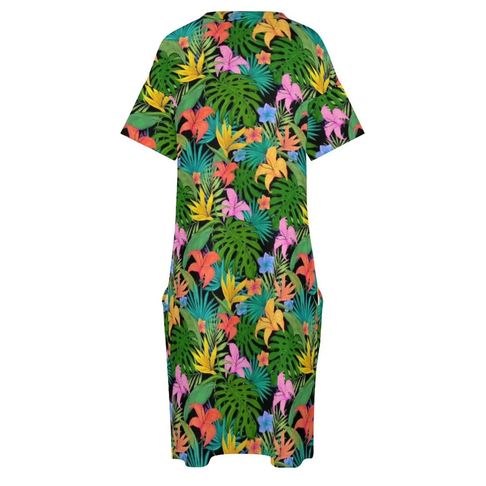 Vestido de flores brillantes de colores para mujer, vestido Kawaii con estampado de hojas de palma y cuello en V, informal, estético, con bolsillo, talla grande 4XL 5XL