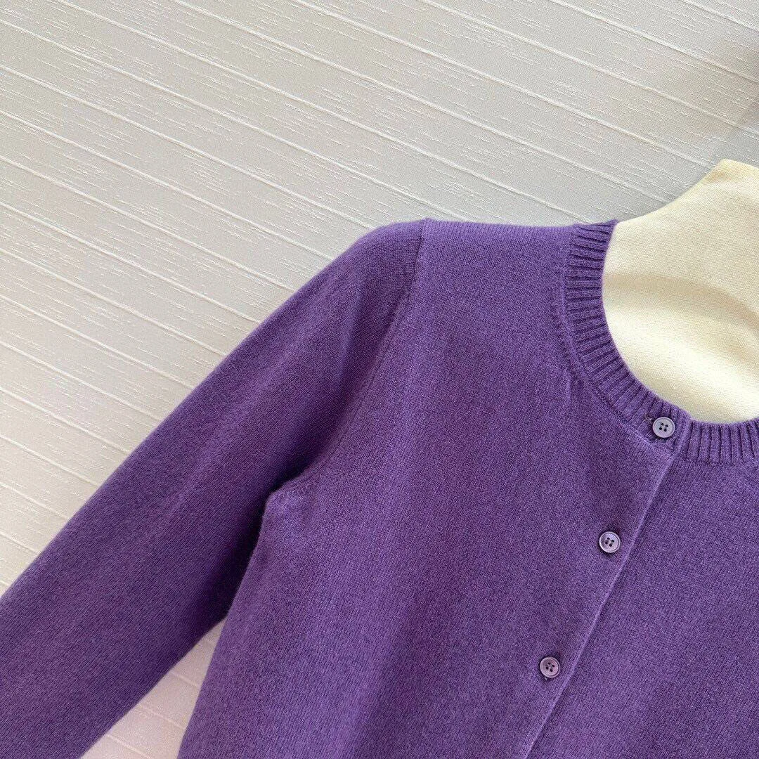 2024 New Autumn Sweet Vintage 100% Cashmere Purple Sweater Women O-neck Long Sleeve Single Breasted Slim Knitted Cardigans