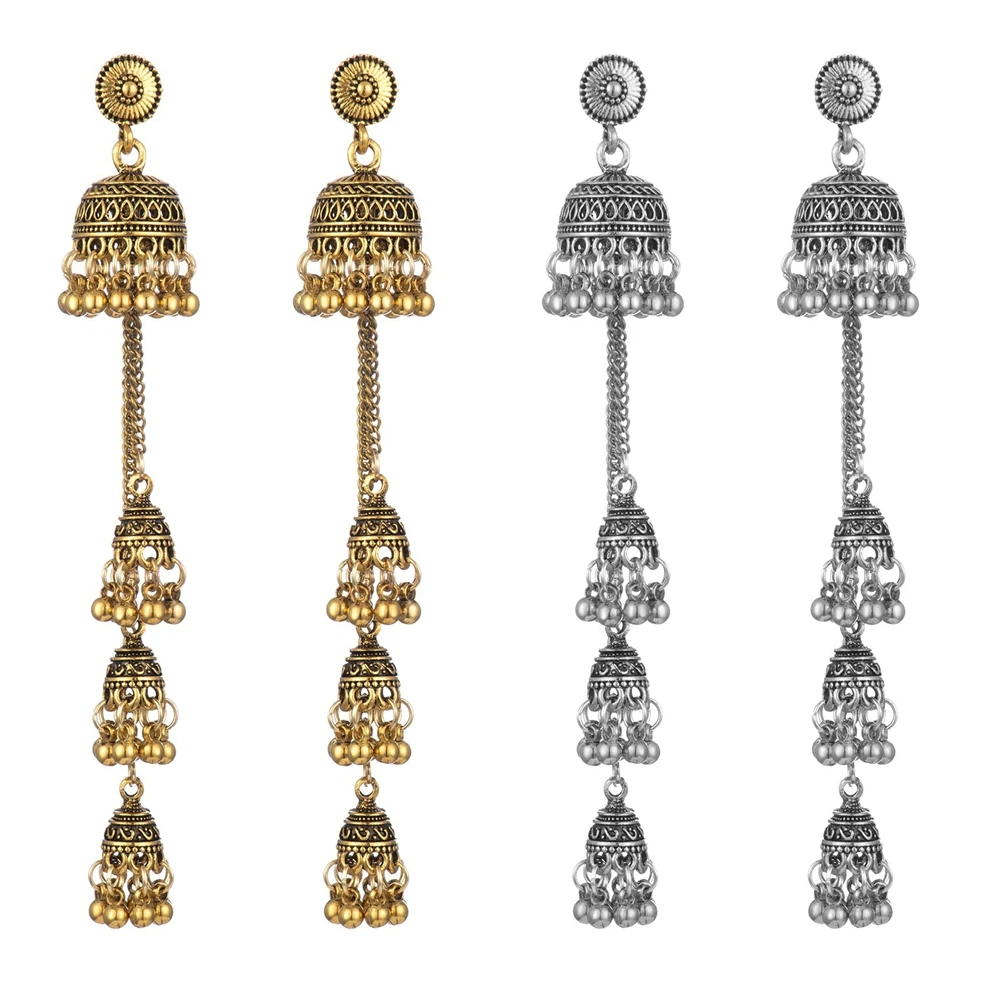 Indian Ethnic 4 Layer Long Jhumka Earrings Vintage Bell Chain Tassel Dangle Earrings Boho Tribal Women Festival Accessories