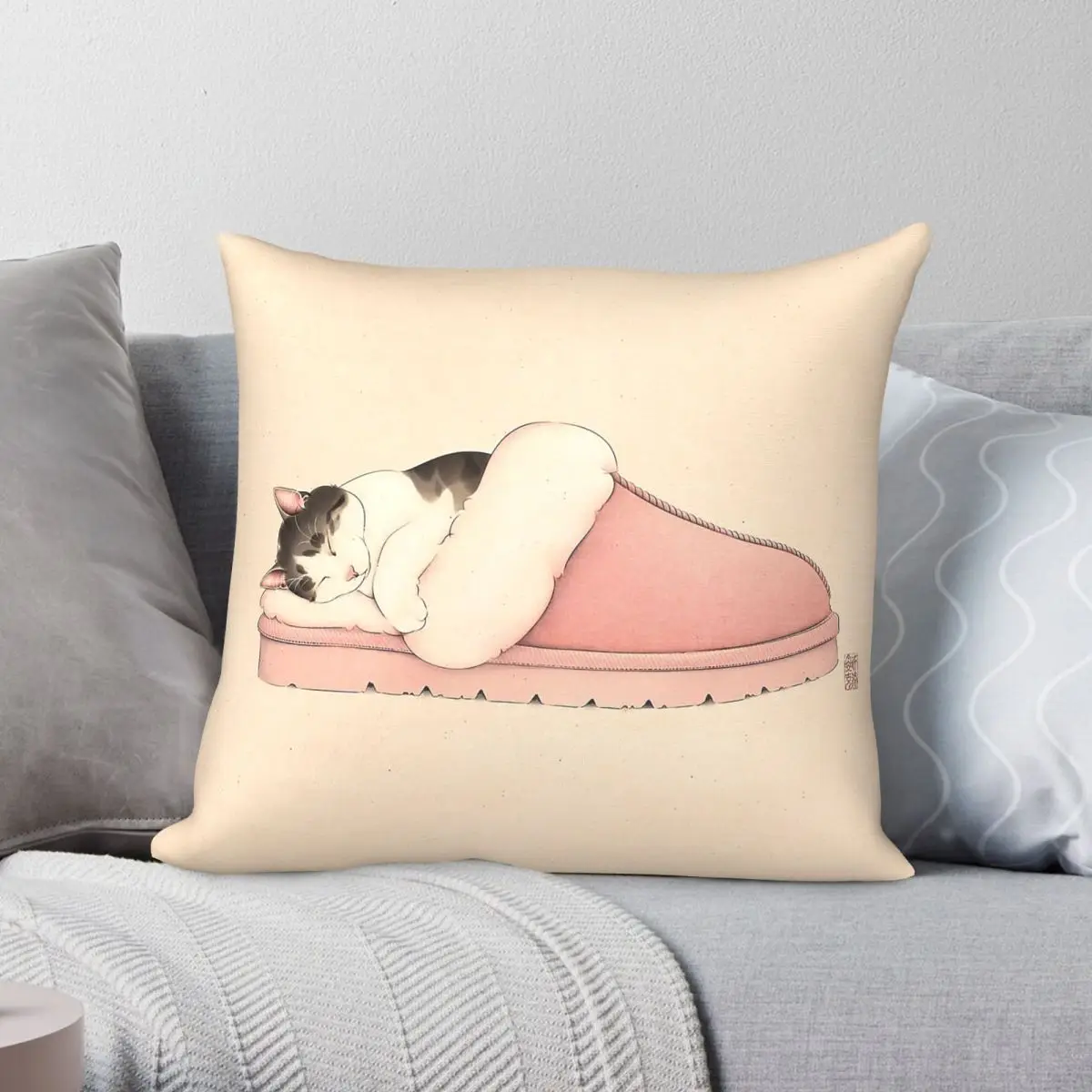 Cat Sleeping In Warm Slipper Square Pillowcase Polyester Linen Velvet Pattern Zip Decorative Sofa Cushion Cover Wholesale