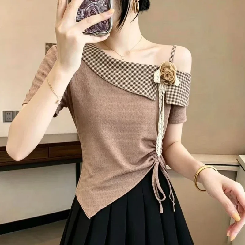 Irregular Plaid Patchwork Drawstring Sweet Tops Summer Short Sleeve Off Shoulder Korean T Shirts Fashion Casual Women Clothing