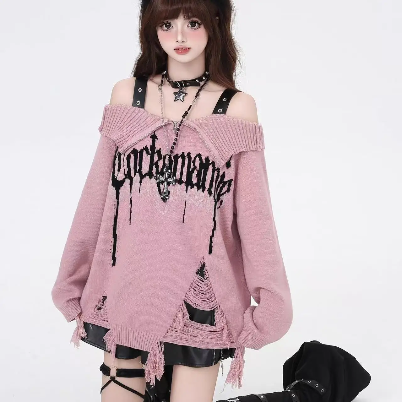 

2025 Y2K Punk Off-Shoulder Turn-Down Collar Sweater for Women Autumn Winter Subculture Distressed Versatile Knitted Top