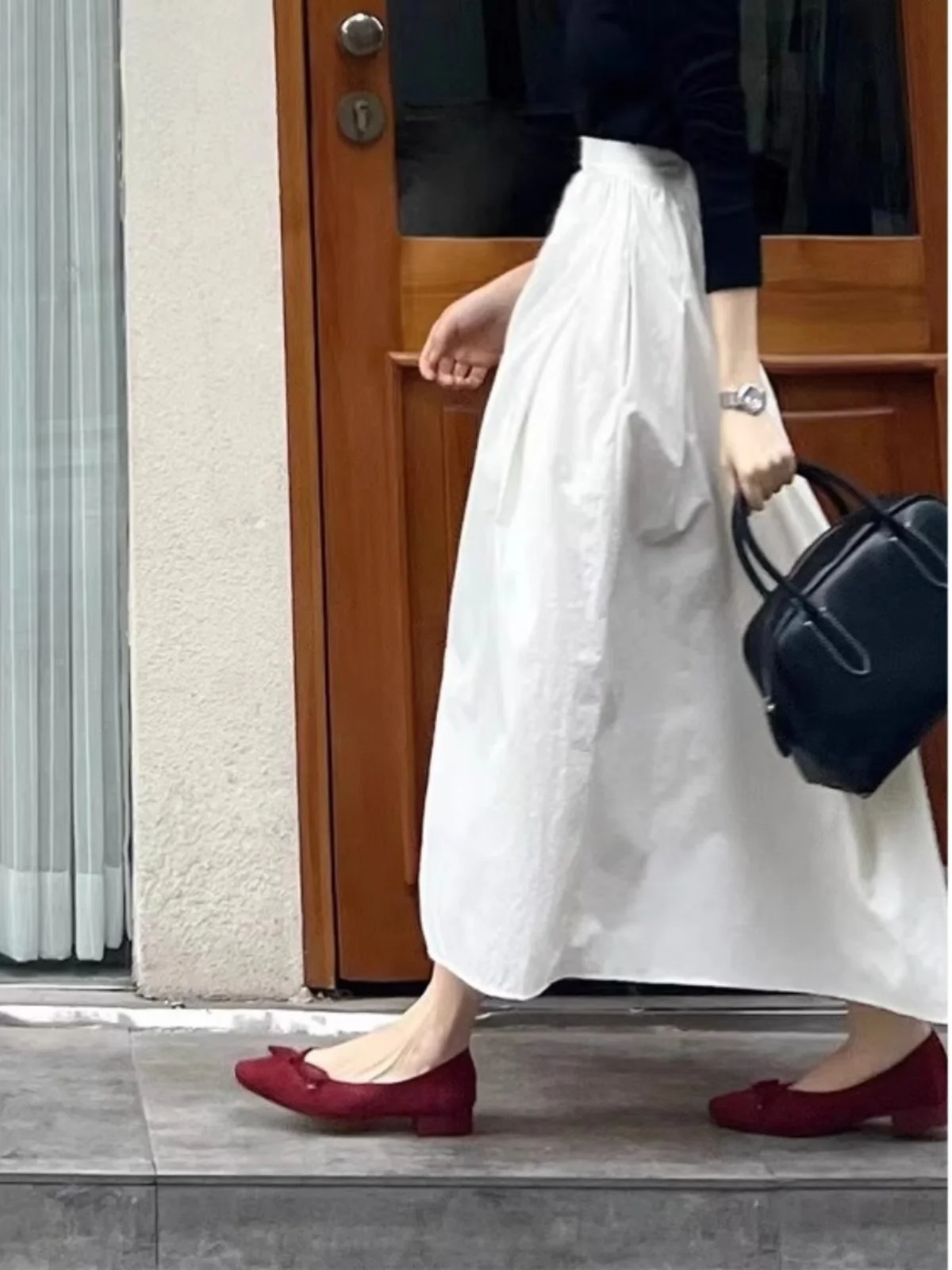 

High Waist A-Line Skirt Women's Spring Autumn White Gingham Cotton Slimming Midi Skirt Korean Sle Commute Folded