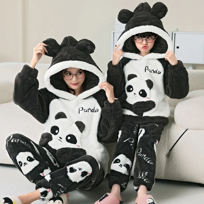 

Winter Matching Pajamas Sets Mother Daughter Outfits Thicken Warm Sleepwear Women's Cartoon Panda Home Clothing Hooded Sleepwear