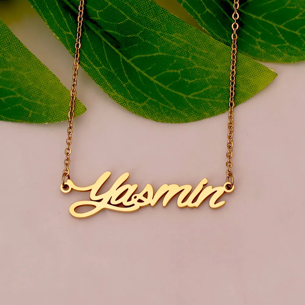 

GR859C Yasmin Gold Stainless Steel Name Necklace for Women Cursive Letter Engraved Pendant Choker Annivesary Gift