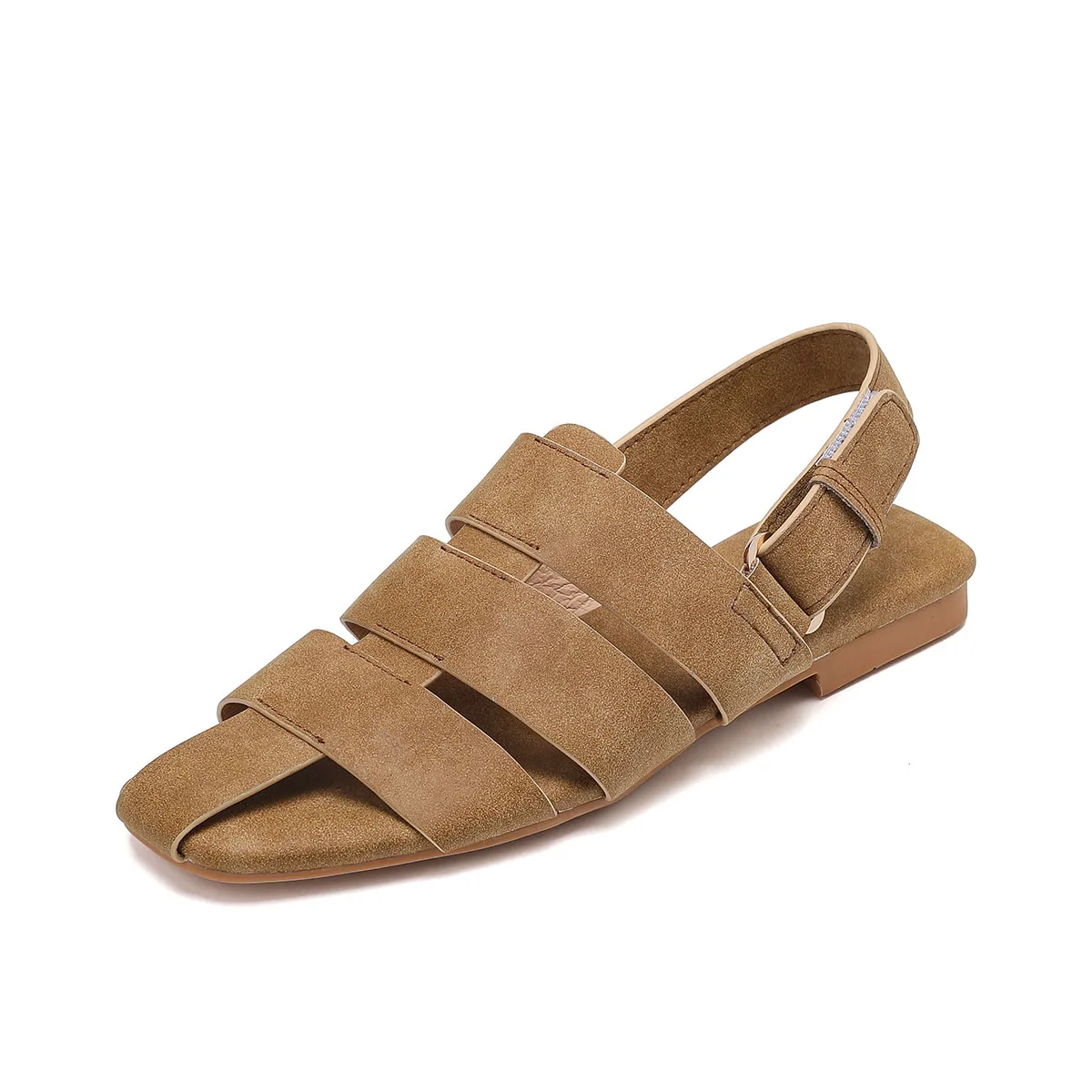 Arden Furtado Women's Summer Sandals Yellow Brown Cowhide Square Toe Hollow Flat Casual Beach Shoes Extra Large Size