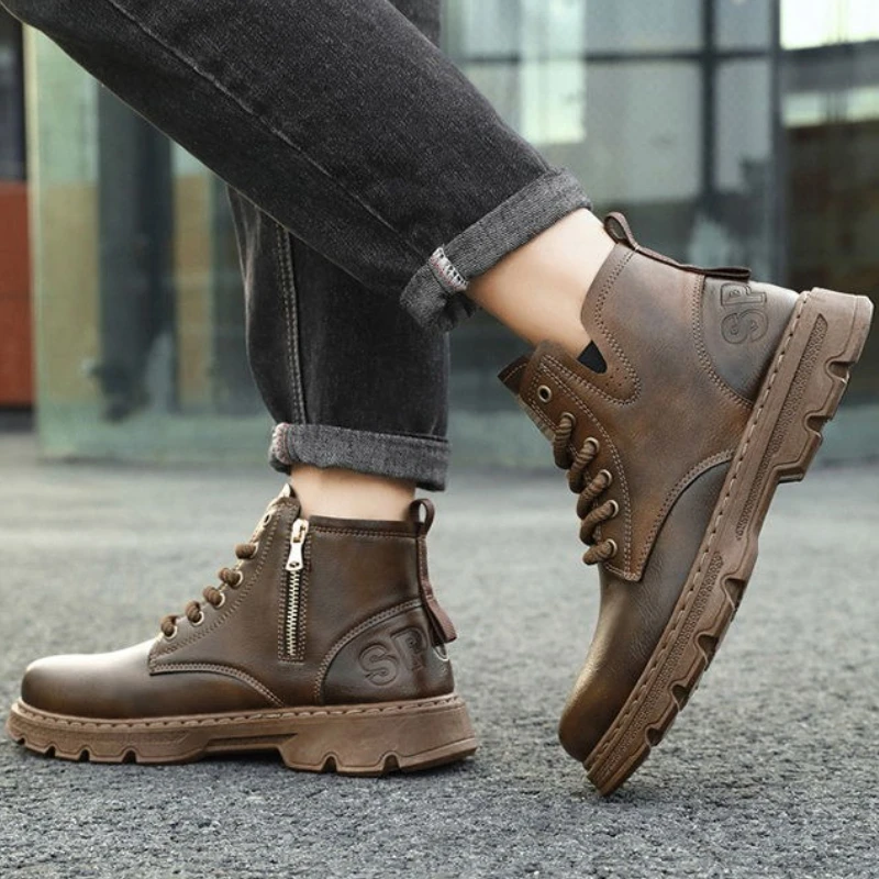 ​Men’s 2025 Winter New Arrival Zipper High Top Leather Boots Vintage Retro British Trendy Work Boots Lace Up Casual All Match​