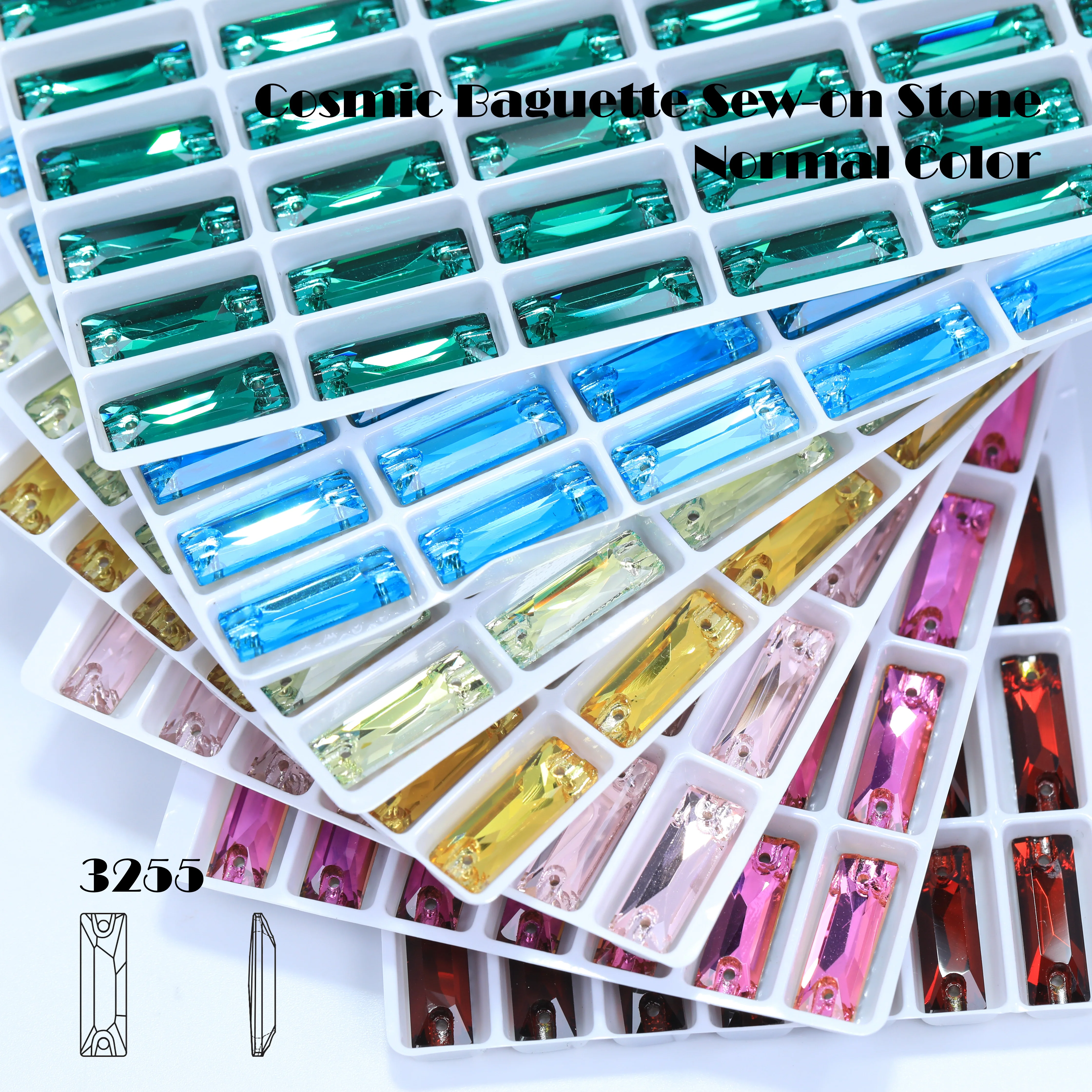 Glitzernder, farbig beschichteter langer Glas-Kristall-Baguette-Applikationsstein zum Aufnähen als Haaraccessoire, Dekoration, DIY-Bastelverzierung – Detail 4