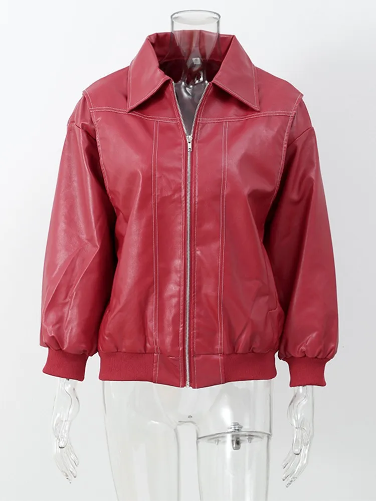 Chaquetas de piel sintética para mujer, abrigos holgados con cuello vuelto y cremallera lisa, cárdigan de calle empalmado de manga larga con cremallera para otoño