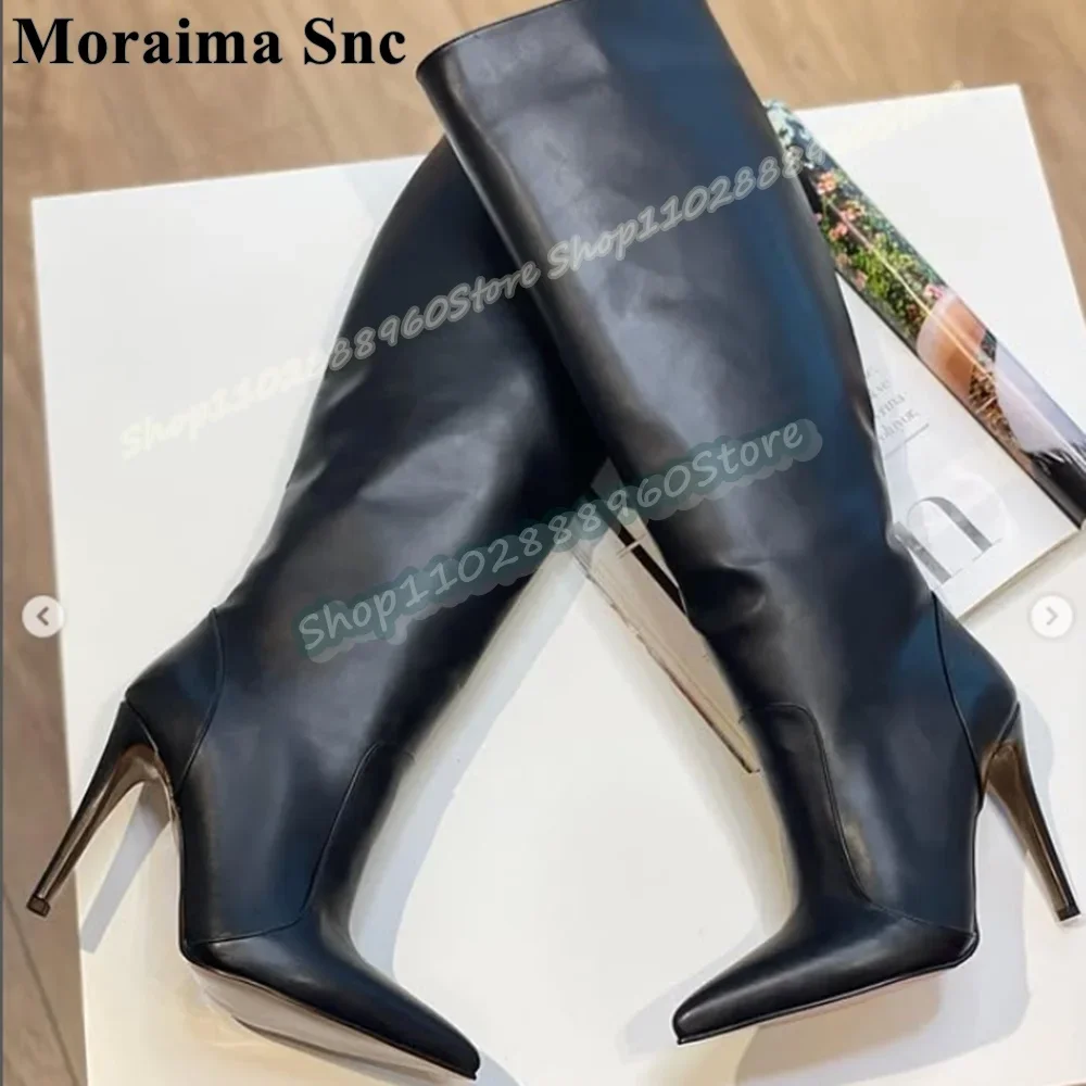 

Knee High Black Leather Pointy Splicing Pumps Thin High Heel Shoes For Women Side Zipper Pointed Toe Casual Party Women Boots