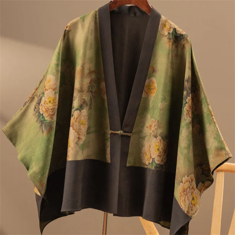 

Chinese Loose Floral Print Silk Jacket Women Poncho One Button Thin Coat Summer Batwing Sleeve Patchwork Outwear