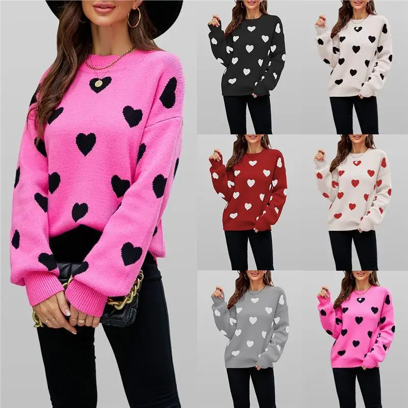 

Women's Loose Knitted Sweater Heart Pattern Vntine's Day Sle Winter 2025 Faionable Thiened Long Sve PU Coat
