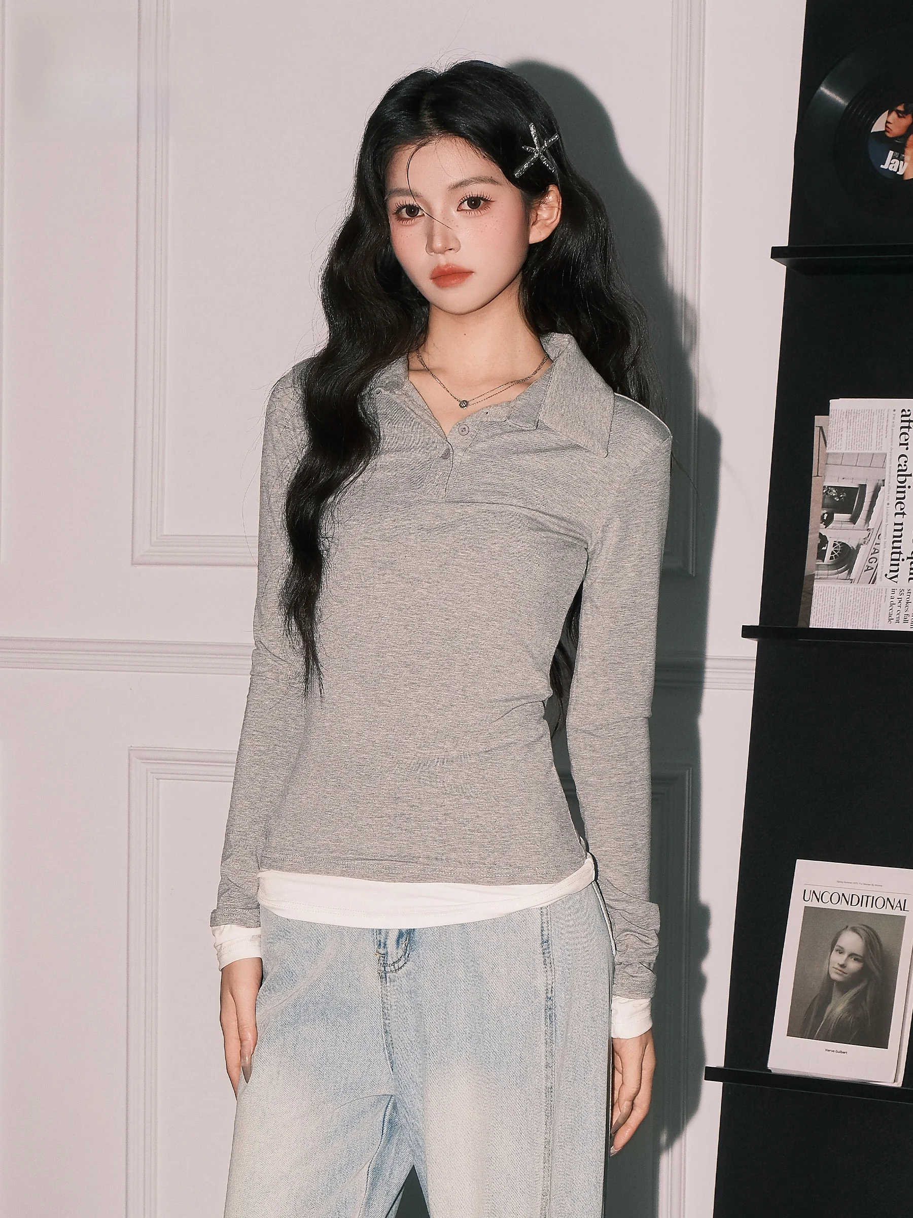 

Gray Long Sleeve Neck T-shirt Women's Slim Fit Base Shirt Autumn New Style College Style Top Korean Style Ladies T-shirt