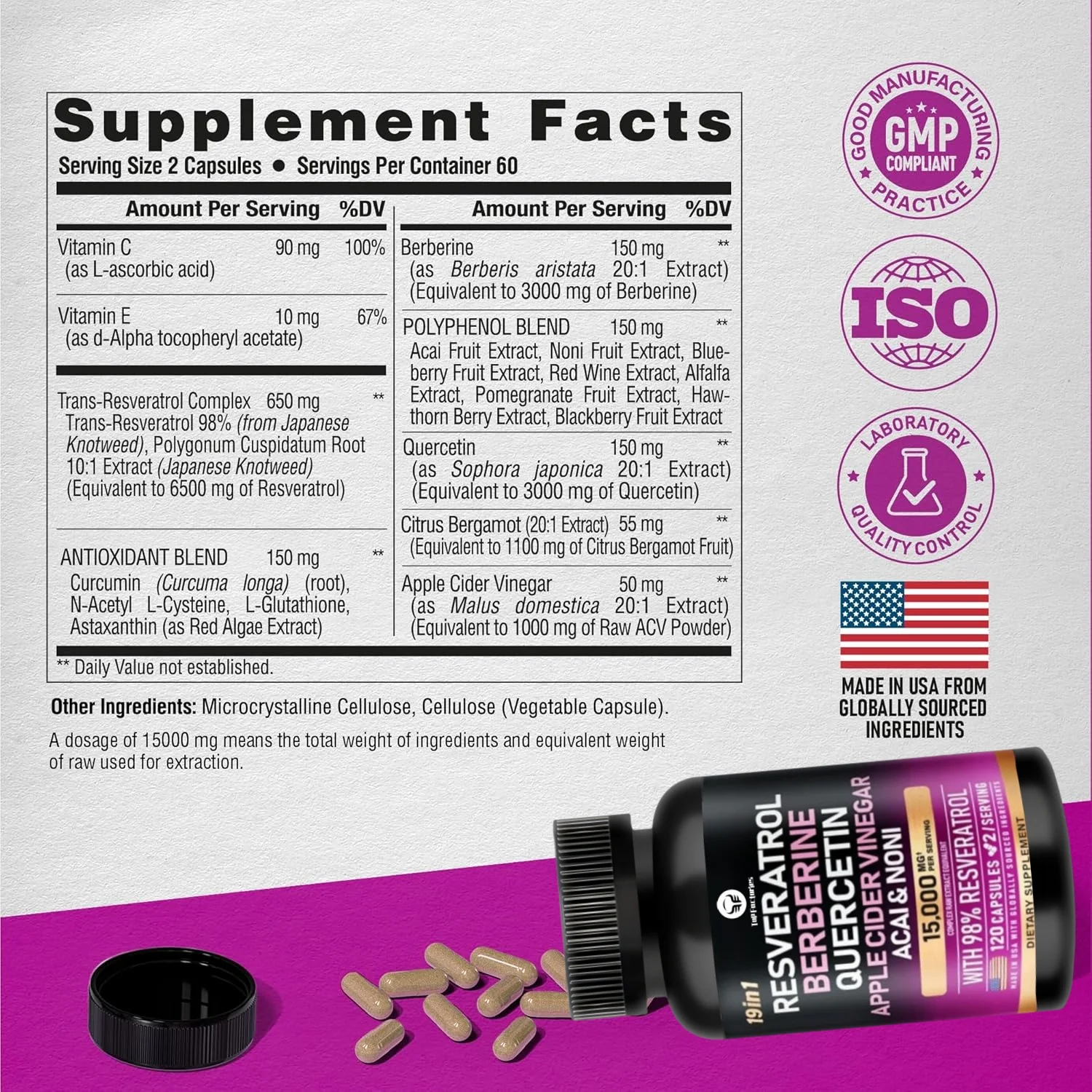 Top Factories 19in1 Organic Polyphenols Complex Resveratrol and Nori Extract Aspartate Quercetin Apple Vinegar Supplementation