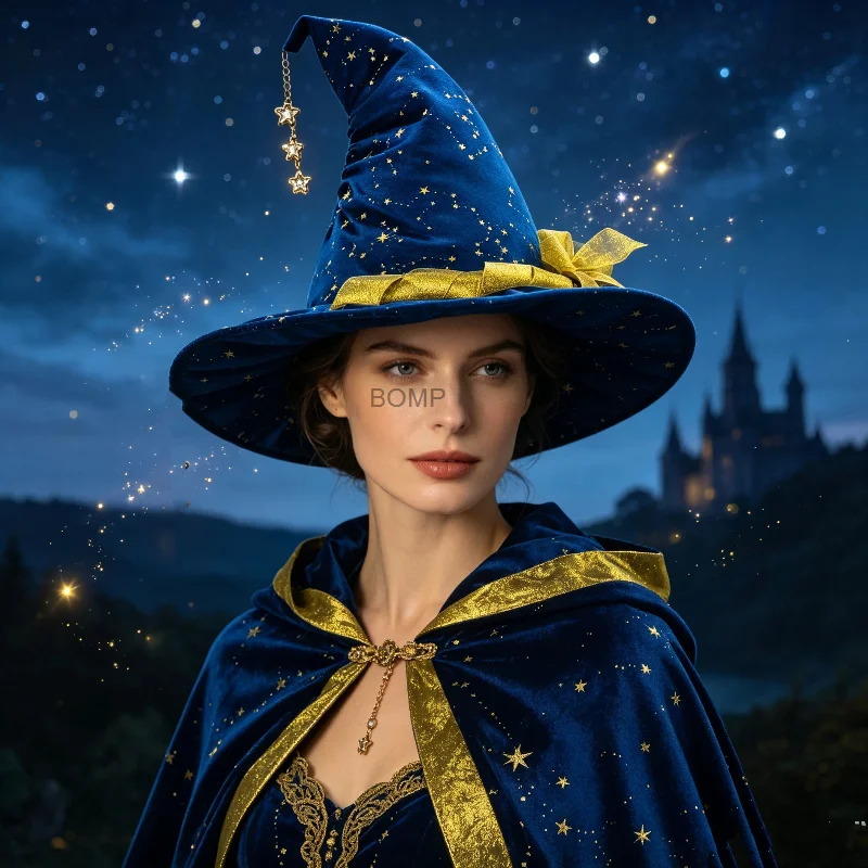 Halloween Wizard Hat For Women Star Print Witch Hat With Star Chain Bow Decor Cosplay Party Stage Show Costume Accessory Props