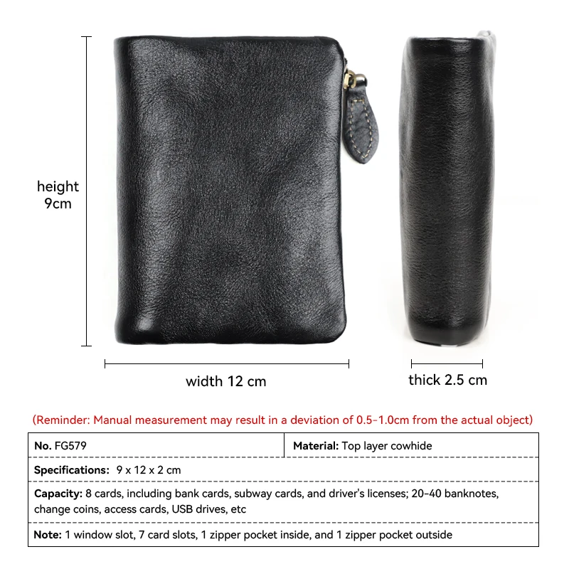 Fashion Men\'s Short Wallet Genuine Leather Card Holder Wallet Coin Purse With Zipper Small Thin Male Short Wallets Money Bag