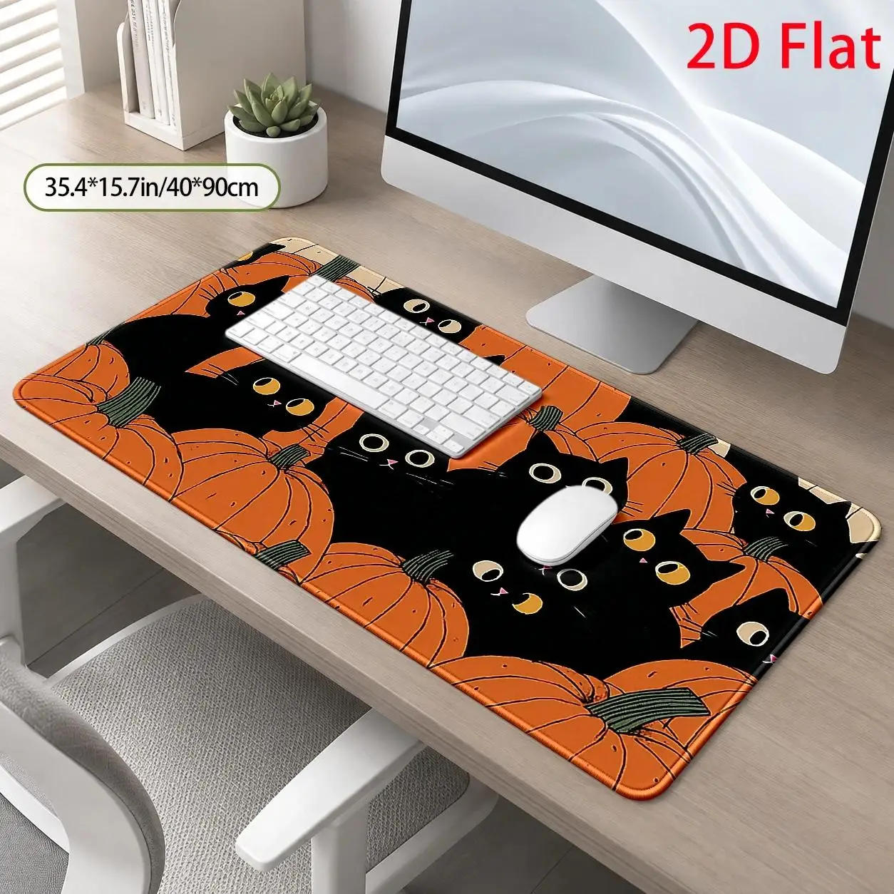 Large Spooky Halloween Black Cat & Pumpkins Desk - Stain-Resistant Suitable for Office, Gaming Room, Dorm - Machine Washable Suitable for Laptop, Keyboard