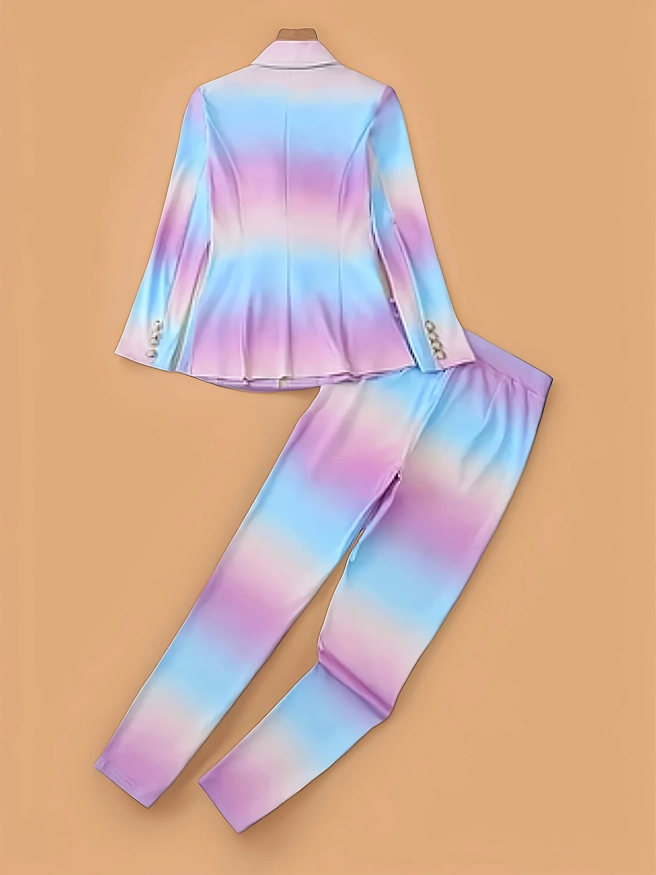 طقم سترة بدلة أنيقة متدرجة اللون 2025، سترة بدلة بأكمام طويلة وطية صدر مزدوجة، ملابس وسراويل،