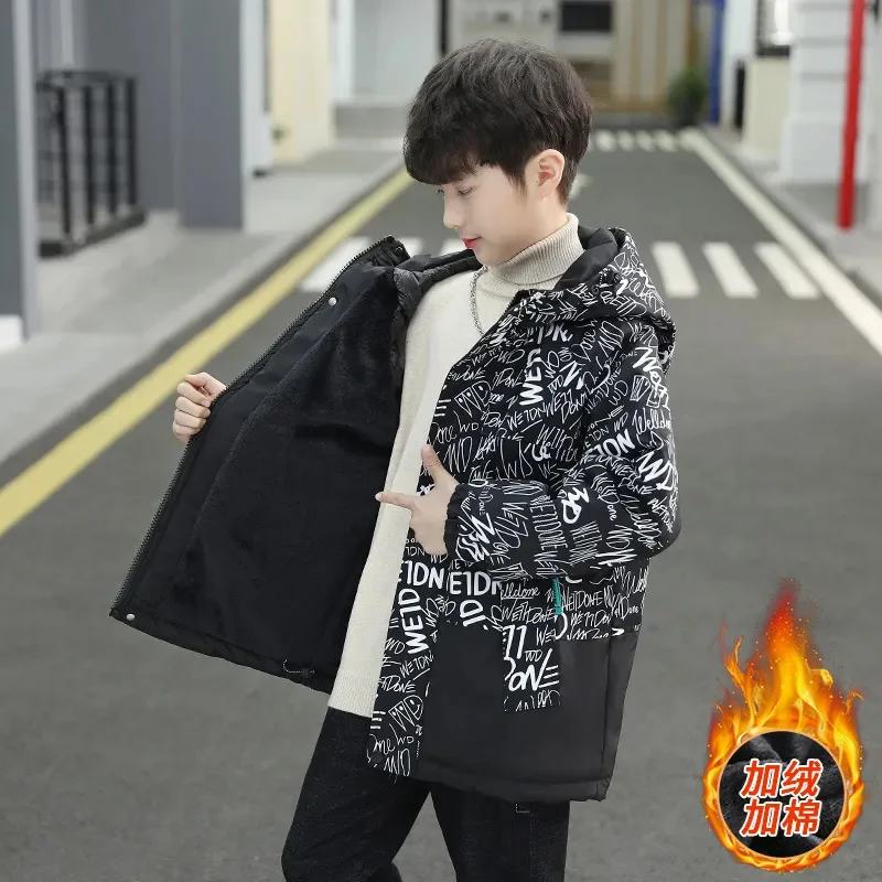 

Boys Fashion Print Coat Plus Velvet Thick Tops Autumn Winter New Warm Cotton Clothes Kid Clothing for Teens Hooded Jacket 4-14 Y