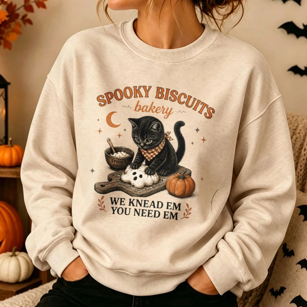 Spooky Biscuits Bakery Black Cat Pumpkin Sweatshirt Halloween Funny Baking Ghost Cookie Print Holiday Soft Casual Pullover Tops