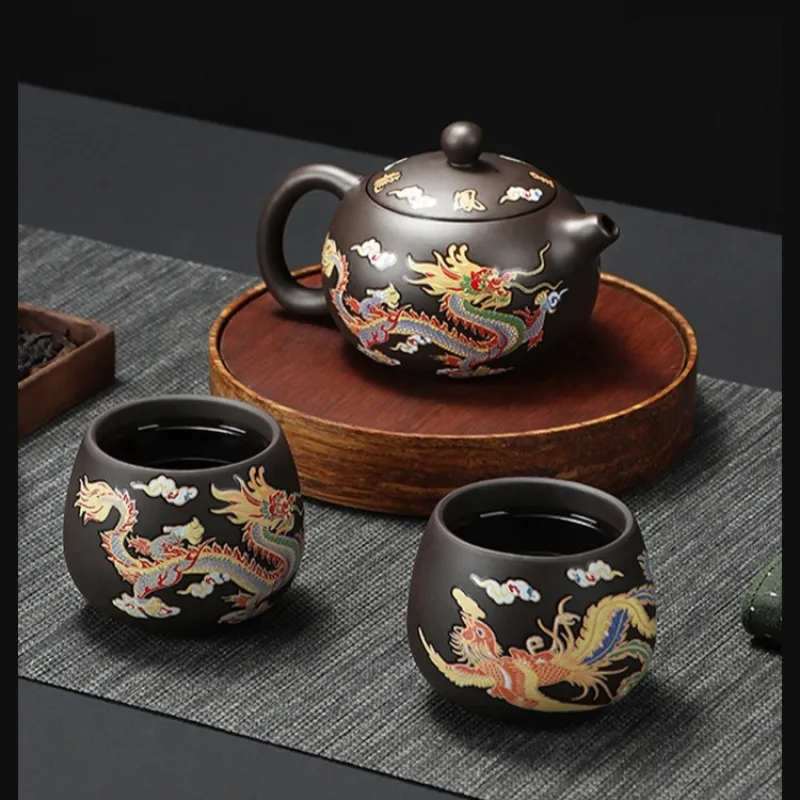 Dragon and Phoenix Purple Sand Tea Set meets hot water color changing creative teapot tea cup set business companion gift