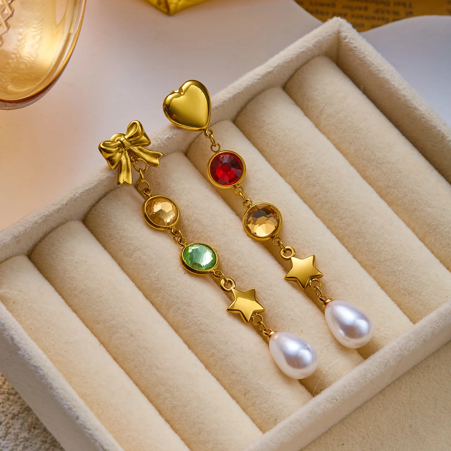 Edelstahl Sonne-Mond Asymmetrische Quasten-Ohrringe für Frauen Bunte Zirkonia Lange Hängeohrringe Party Alltags-Schmuck – Detail 6