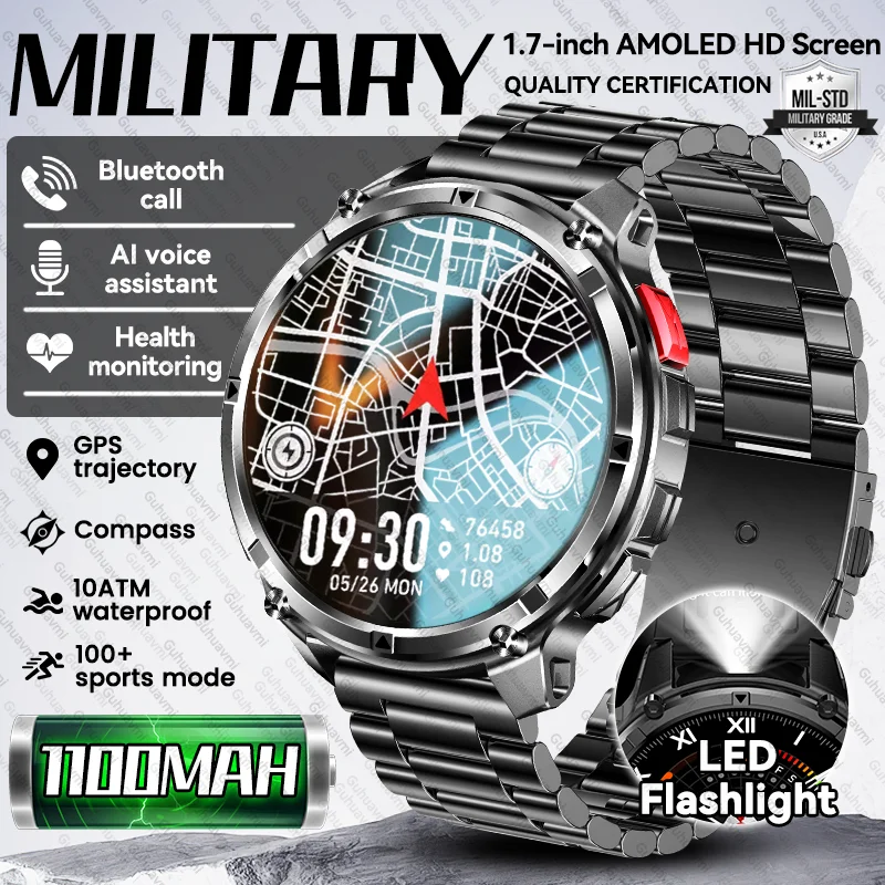 

Военные GPS-компас, умные часы для мужчин, аккумулятор 1100 мАч, фонарик, пульс, 100 + спортивный режим, Bluetooth-вызов, водонепроницаемые умные часы