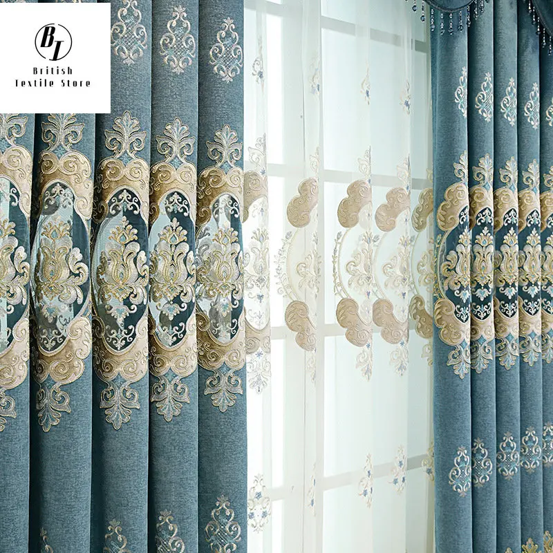 

Grey/Blue Embroidery Geometric Hollow Curtain for Living Room Luxury Nordic Modern Blackout Window Drapes for Bedroom Shading