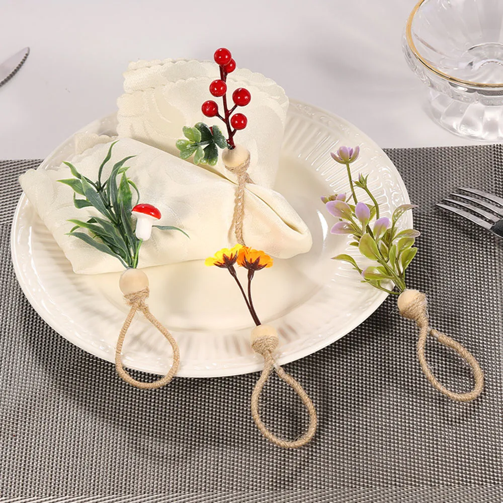 Christmas Party Napkin Buckle Elegant Flowers Plants Napkin Rings With Wood Bead Accents For Farmhouse Table Decor Christmas