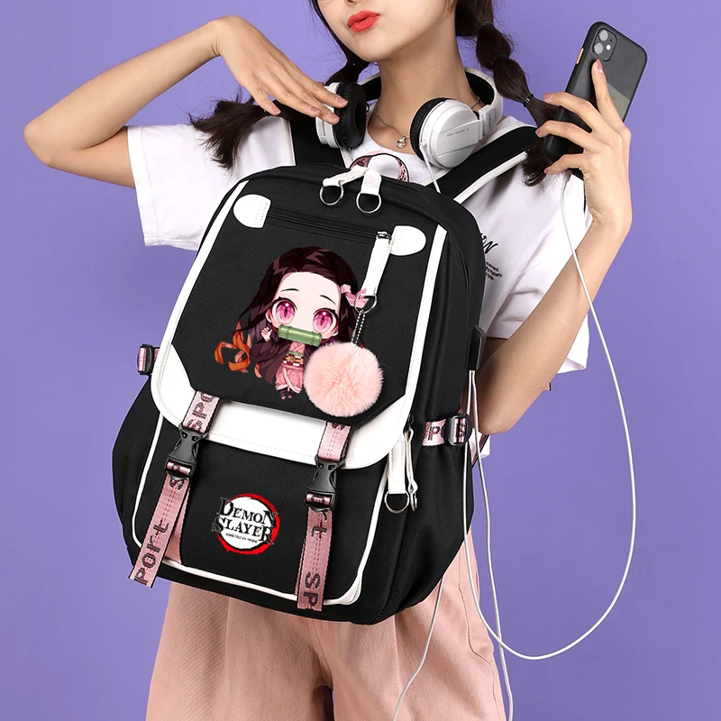 Ransel sekolah anak perempuan, ransel wanita kanvas, tas sekolah remaja, tas punggung Laptop, tas sekolah anak perempuan, ransel Demon Slayer, Anime Kamado Nezuko, 3 buah/set