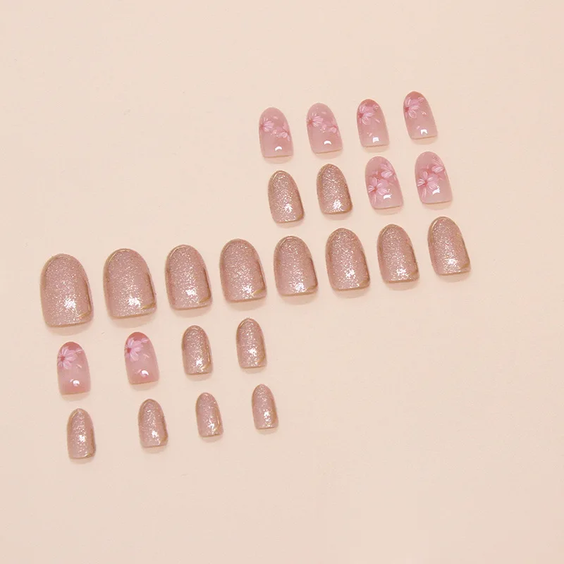 24pcs Shiny Pink False Nails with Flower Sweet Fairy Fake Nails Women Full Cover Wearable Short Oval Korean Press on Nails