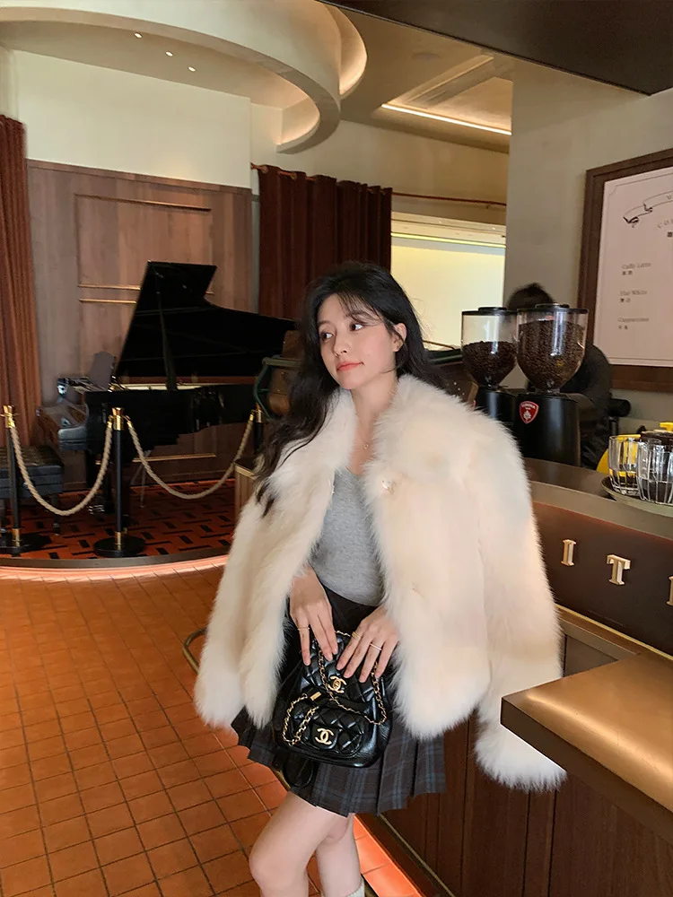 Women Faux Fox Fur Coats Solid Short Jackets Long Sleeves Turn Down Collar Open Stitch Loose Elegant Casual 2026 Autumn Winter