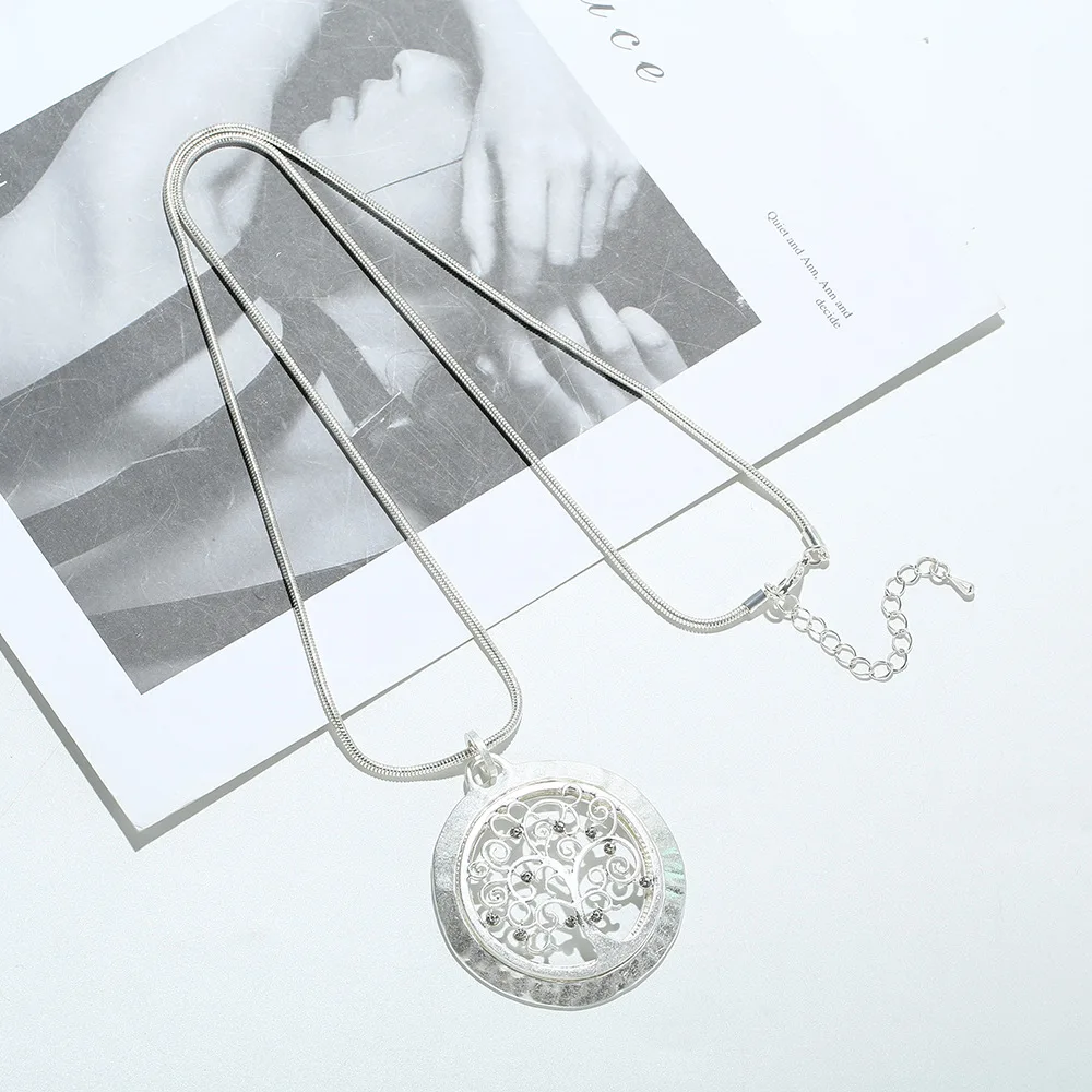 Crystal Tree of Life Pendant Necklace Hollow Out Round Long Necklace Pendant Wedding Jewelry for Women
